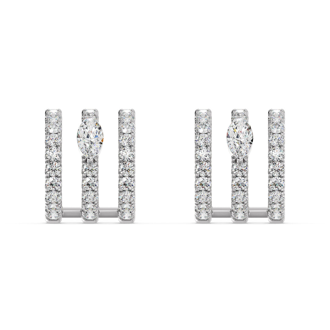 Elegant 3-Line Half Hoop Earrings in 18KT White Gold with Lab-Grown Diamonds, featuring round and marquise-cut stones totaling 0.68 carats