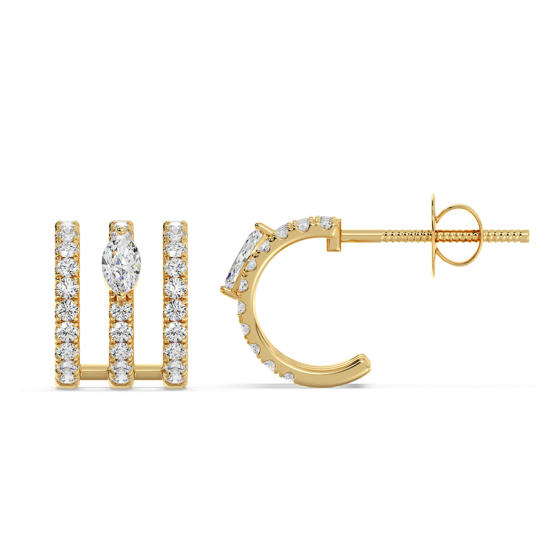 Elegant 3-Line Half Hoop Earrings in 18KT Yellow Gold with Lab-Grown Diamonds, featuring round and marquise-cut stones totaling 0.68 carats