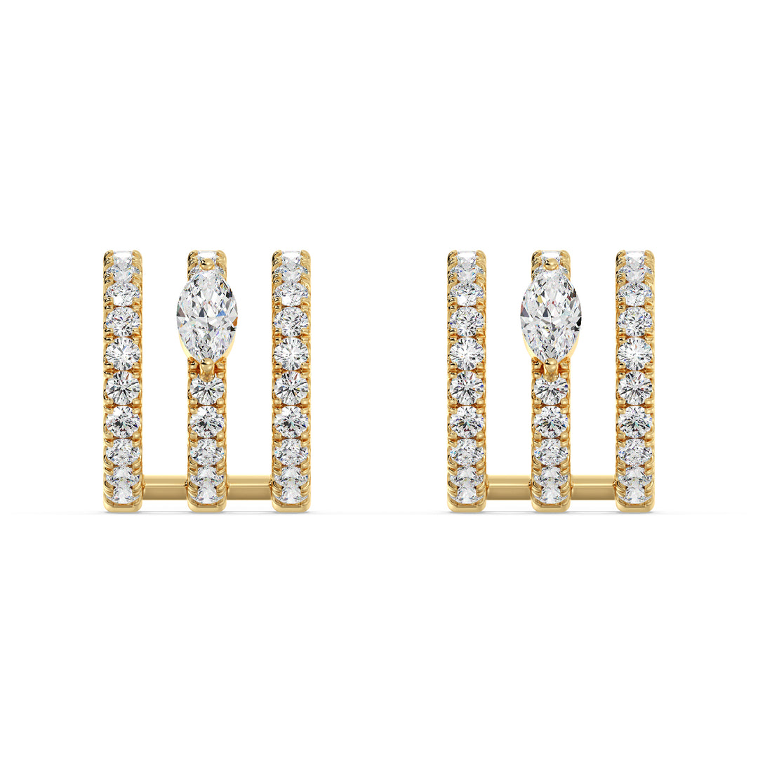 Elegant 3-Line Half Hoop Earrings in 18KT Yellow Gold with Lab-Grown Diamonds, featuring round and marquise-cut stones totaling 0.68 carats