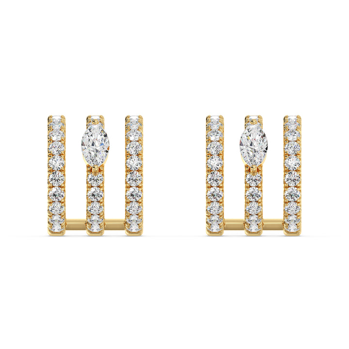 Elegant 3-Line Half Hoop Earrings in 18KT Yellow Gold with Lab-Grown Diamonds, featuring round and marquise-cut stones totaling 0.68 carats