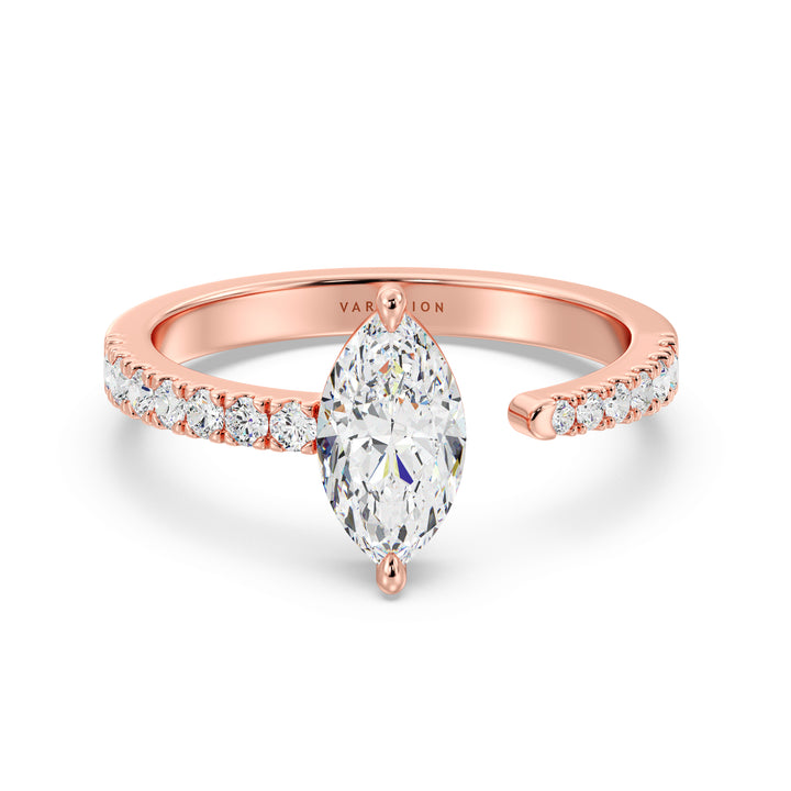 Elegant Marquise-Cut Lab-Grown Diamond Open Cuff Pavé Engagement Ring in 18K Rose Gold featuring a 1ct center stone and 0.23ct round side stones