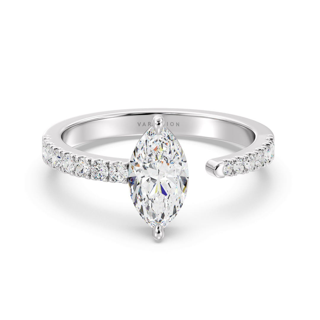 Elegant Marquise-Cut Lab-Grown Diamond Open Cuff Pavé Engagement Ring in 18K White Gold with a 1ct marquise center stone and 0.23ct round side stones