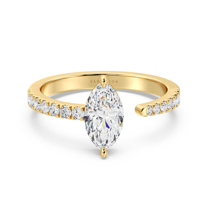 Elegant Marquise-Cut Lab-Grown Diamond Open Cuff Pavé Engagement Ring in 18K Yellow Gold with 1ct center stone and 0.23ct round side stones