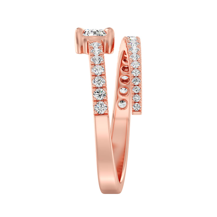 Elegant Pear-Shaped Lab-Grown Diamond Adjustable Open Cuff Ring in 18K Rose Gold, showcasing a 0.50ct pear-shaped diamond at the center with 25 round-cut diamonds totaling 0.45ct. The romantic blush hue of rose gold beautifully complements the sparkling diamonds, offering a modern and elegant aesthetic.