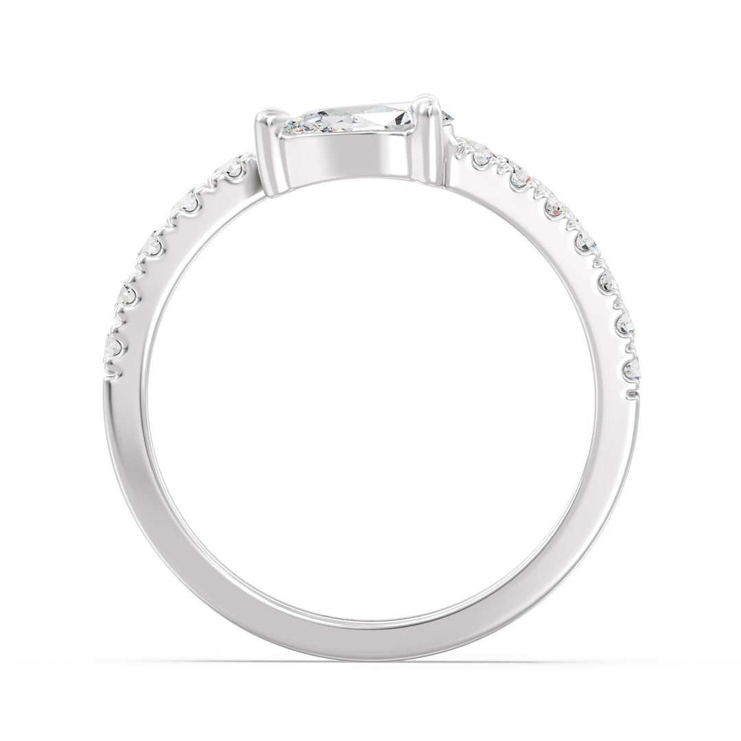 Elegant Pear-Shaped Lab-Grown Diamond Adjustable Open Cuff Ring in 18K White Gold, highlighting the 0.50ct pear-shaped diamond at the center and 25 round-cut diamonds totaling 0.45ct. The sleek white gold band enhances the brilliance of the diamonds, delivering a sophisticated and timeless style.