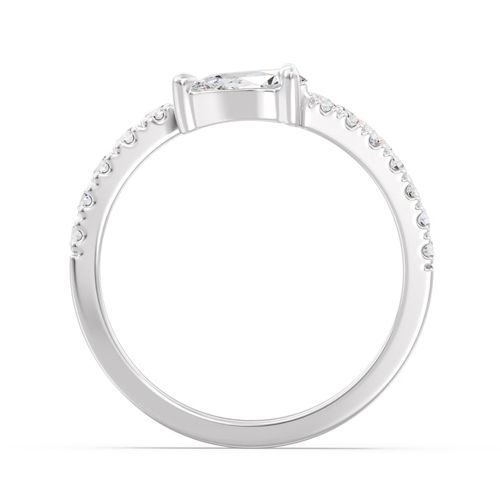 Elegant Pear-Shaped Lab-Grown Diamond Adjustable Open Cuff Ring in 18K White Gold, highlighting the 0.50ct pear-shaped diamond at the center and 25 round-cut diamonds totaling 0.45ct. The sleek white gold band enhances the brilliance of the diamonds, delivering a sophisticated and timeless style.