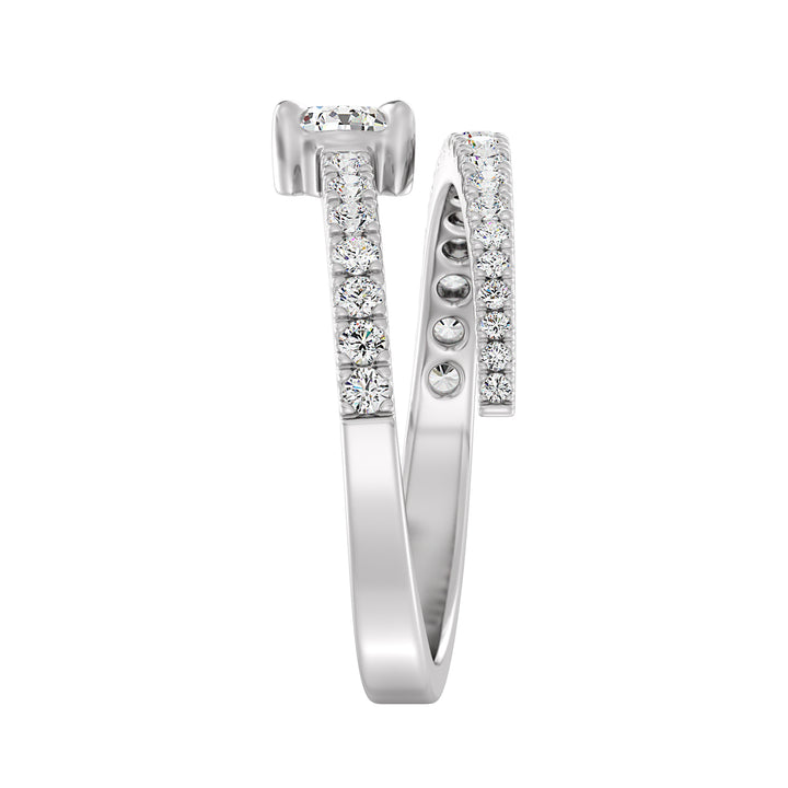 Elegant Pear-Shaped Lab-Grown Diamond Adjustable Open Cuff Ring in 18K White Gold, highlighting the 0.50ct pear-shaped diamond at the center and 25 round-cut diamonds totaling 0.45ct. The sleek white gold band enhances the brilliance of the diamonds, delivering a sophisticated and timeless style.