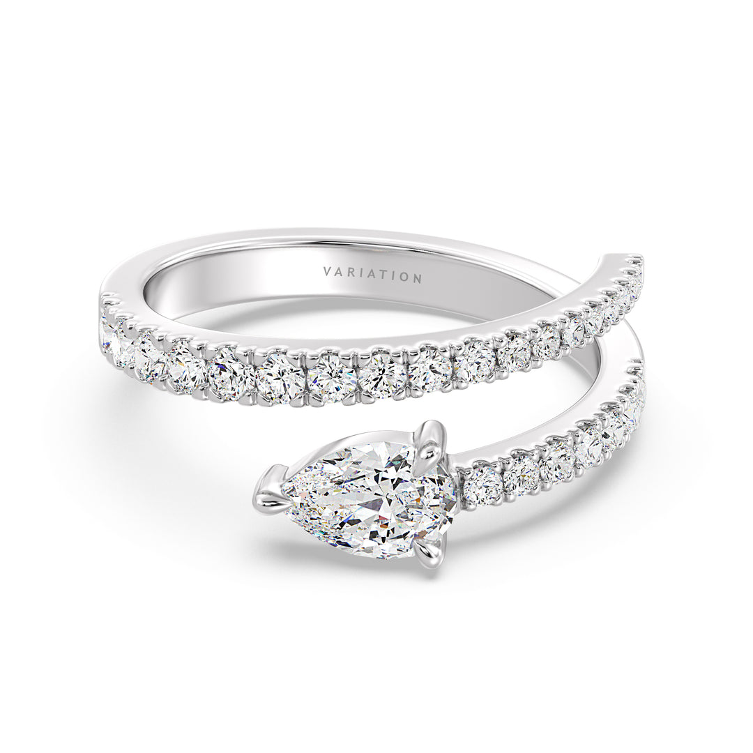 Elegant Pear-Shaped Lab-Grown Diamond Adjustable Open Cuff Ring in 18K White Gold, highlighting the 0.50ct pear-shaped diamond at the center and 25 round-cut diamonds totaling 0.45ct. The sleek white gold band enhances the brilliance of the diamonds, delivering a sophisticated and timeless style.