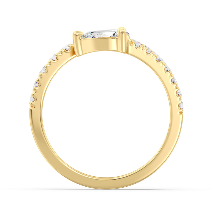 Elegant Pear-Shaped Lab-Grown Diamond Adjustable Open Cuff Ring in 18K Yellow Gold, featuring a 0.50ct pear-shaped diamond at the center and 25 round-cut diamonds totaling 0.45ct along the open cuff design. The warm tone of yellow gold enhances the brilliance of the diamonds, creating a luxurious and timeless look.