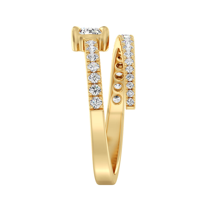 Elegant Pear-Shaped Lab-Grown Diamond Adjustable Open Cuff Ring in 18K Yellow Gold, featuring a 0.50ct pear-shaped diamond at the center and 25 round-cut diamonds totaling 0.45ct along the open cuff design. The warm tone of yellow gold enhances the brilliance of the diamonds, creating a luxurious and timeless look.