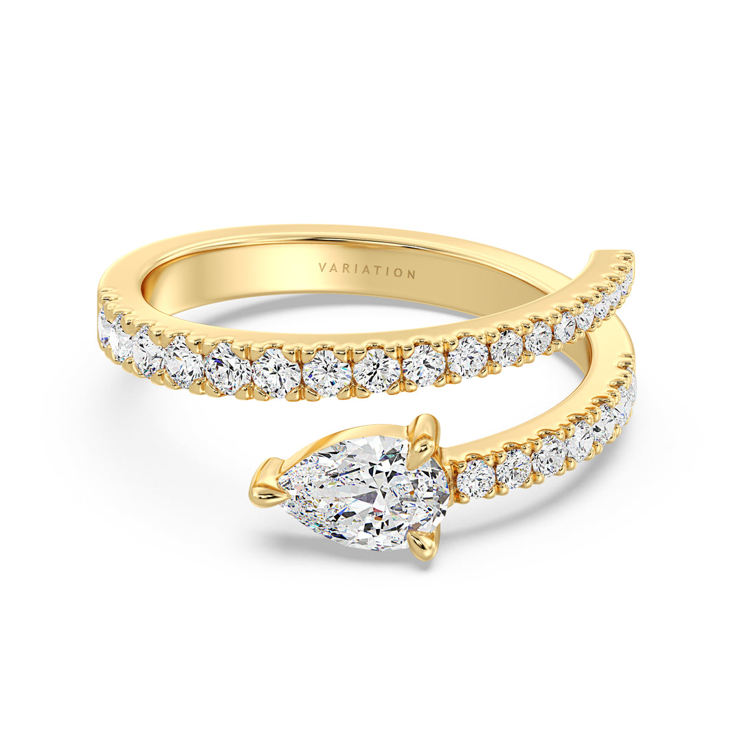 Elegant Pear-Shaped Lab-Grown Diamond Adjustable Open Cuff Ring in 18K Yellow Gold, featuring a 0.50ct pear-shaped diamond at the center and 25 round-cut diamonds totaling 0.45ct along the open cuff design. The warm tone of yellow gold enhances the brilliance of the diamonds, creating a luxurious and timeless look.