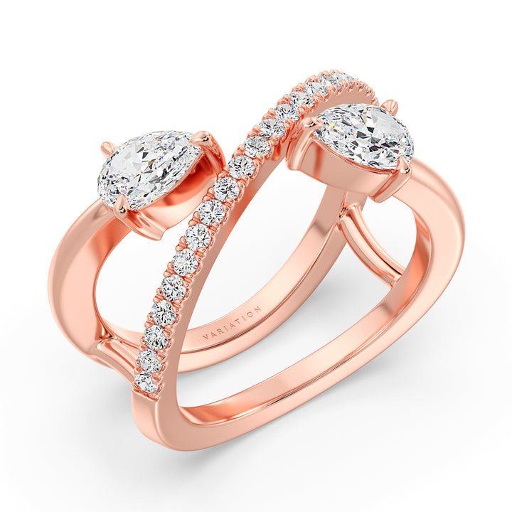 Elegant Pear-Shaped Lab-Grown Diamond Dual-Stone Twisted Ring in 18K Rose Gold with two 0.50 ct EF/VS pear-cut diamonds and 21 round-cut diamonds