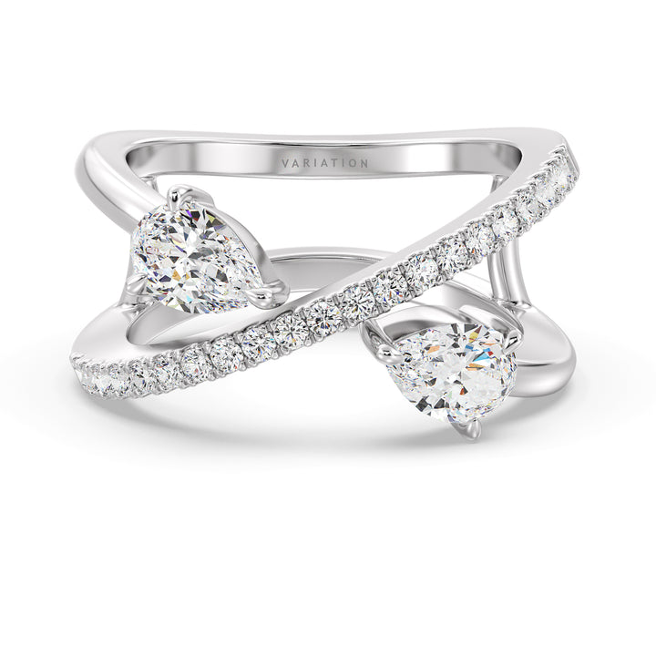 Elegant Pear-Shaped Lab-Grown Diamond Dual-Stone Twisted Ring in 18K White Gold set with two 0.50 ct EF/VS pear-cut diamonds and 21 round-cut diamonds