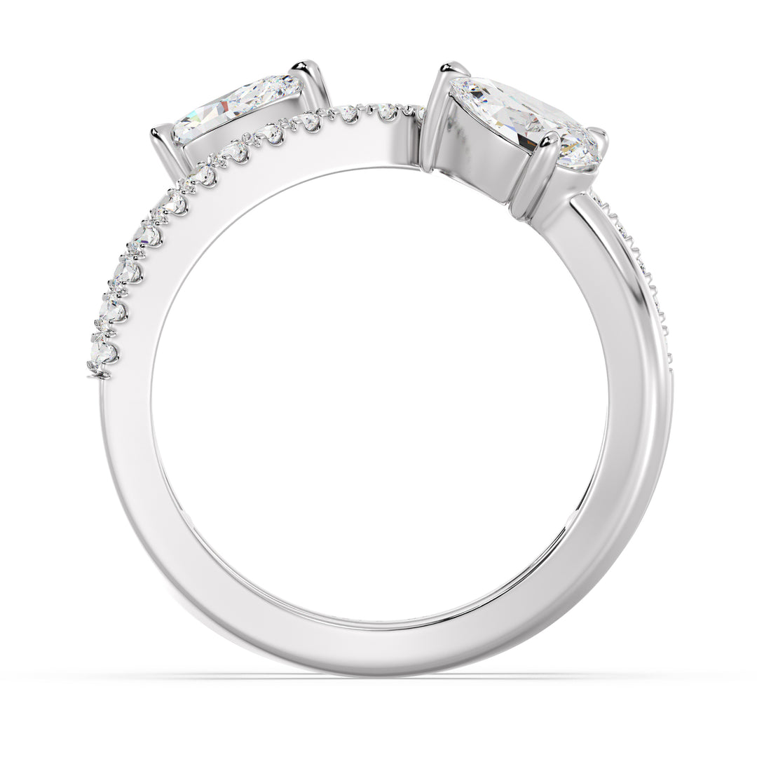 Elegant Pear-Shaped Lab-Grown Diamond Dual-Stone Twisted Ring in 18K White Gold set with two 0.50 ct EF/VS pear-cut diamonds and 21 round-cut diamonds