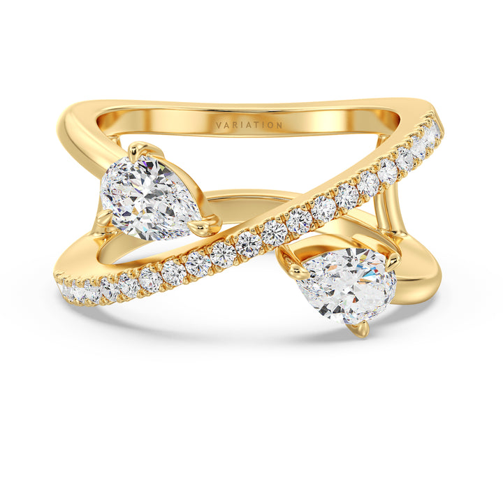 Elegant Pear-Shaped Lab-Grown Diamond Dual-Stone Twisted Ring in 18K Yellow Gold featuring two 0.50 ct EF/VS pear-cut diamonds and 21 round-cut diamonds