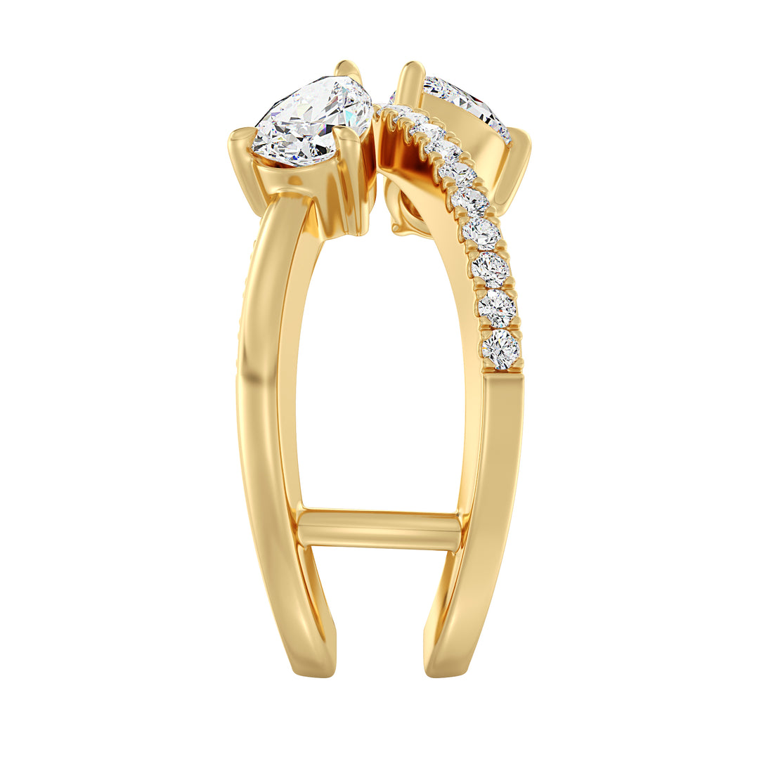 Elegant Pear-Shaped Lab-Grown Diamond Dual-Stone Twisted Ring in 18K Yellow Gold featuring two 0.50 ct EF/VS pear-cut diamonds and 21 round-cut diamonds