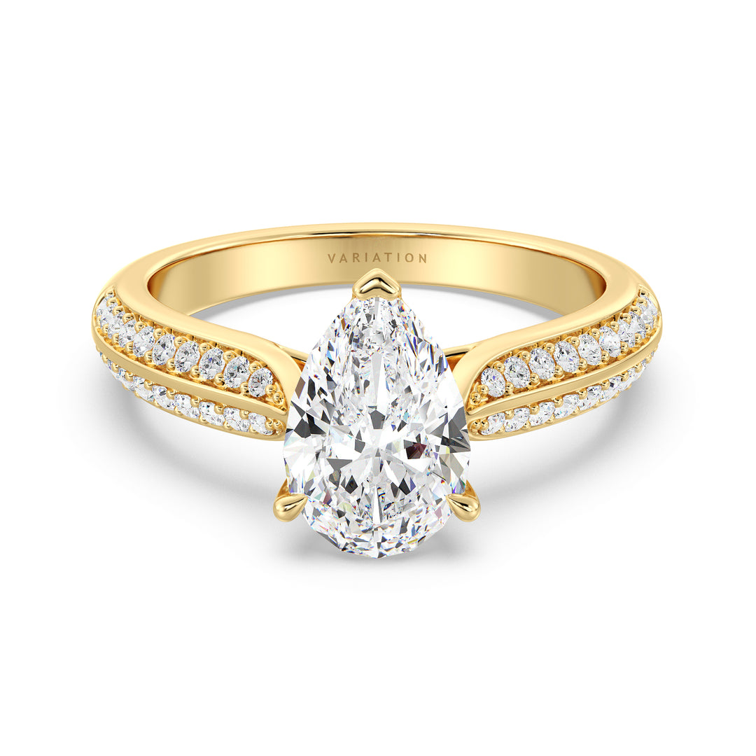 Elegant Pear Cut Lab Grown Diamond Engagement Ring with Pavé Band in 18K Yellow Gold, 1ct to 4ct Center Diamond, EF/VS Clarity