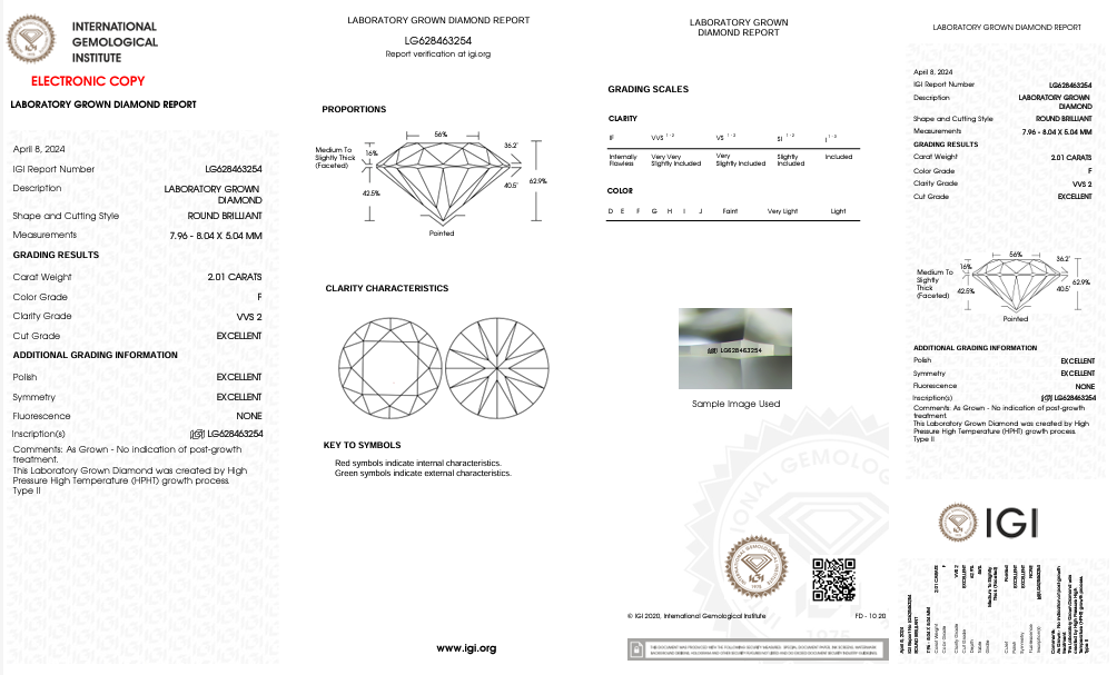 IGI Certified 2.01 CT Round Cut Lab-Grown Diamond - VVS2 Clarity, F Color