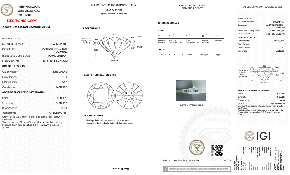 IGI Certified 2.02 CT Round Cut Lab-Grown Diamond, VS1 Clarity, E Color