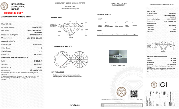 IGI Certified 2.02 CT Round Cut Lab-Grown Diamond, VS1 Clarity, E Color