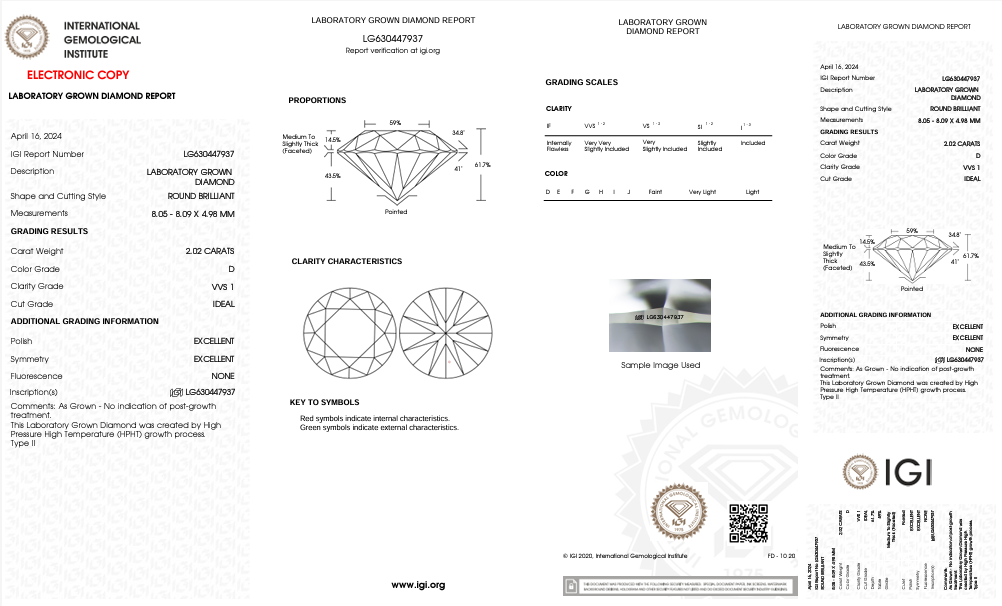 IGI Certified 2.02 CT Round Cut Lab-Grown Diamond, VVS1 Clarity, D Color