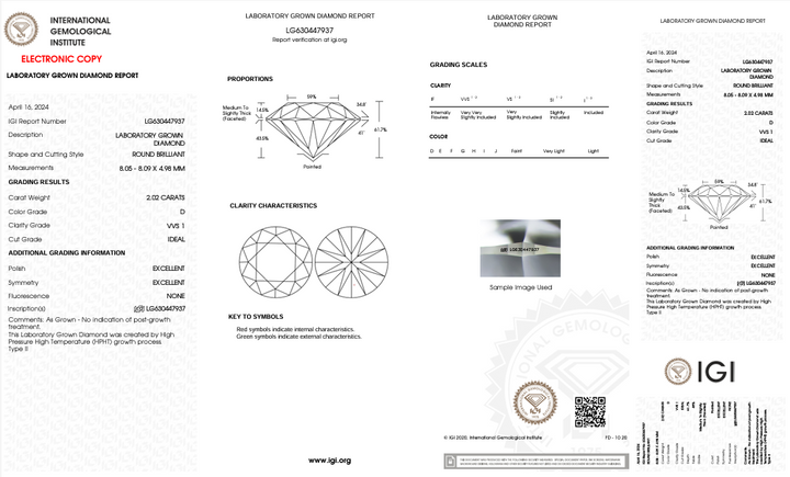 IGI Certified 2.02 CT Round Cut Lab-Grown Diamond, VVS1 Clarity, D Color