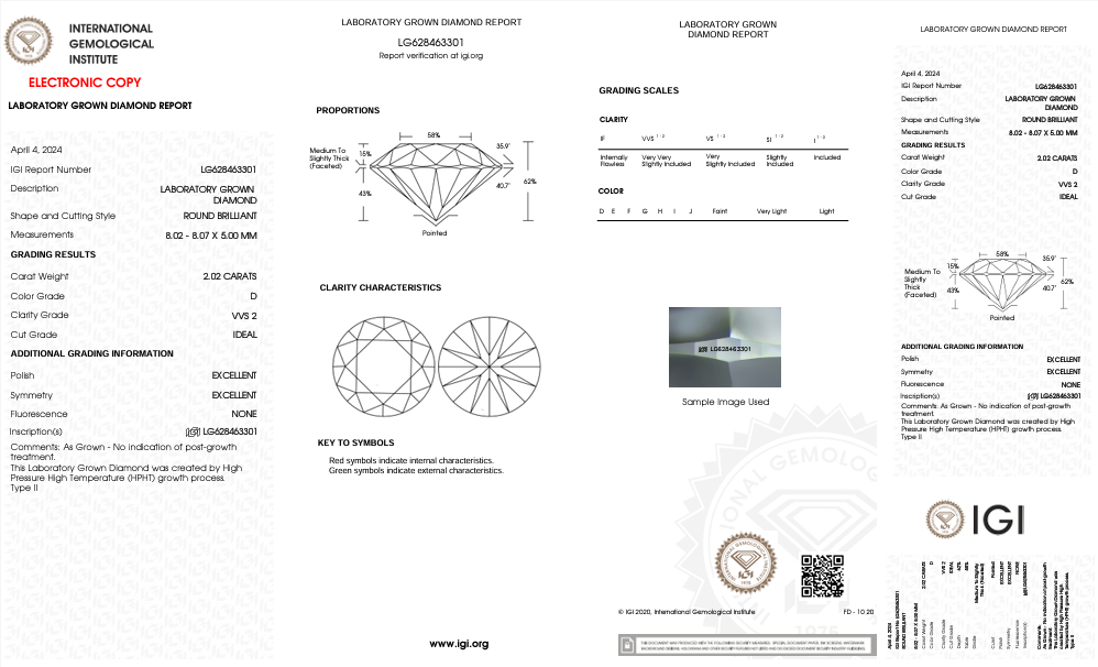 IGI Certified 2.02 Carat Round Cut Lab-Grown Diamond, VVS2 Clarity, D Color