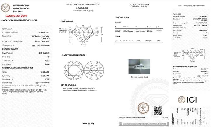 IGI Certified 2.02 Carat Round Cut Lab-Grown Diamond, VVS2 Clarity, D Color