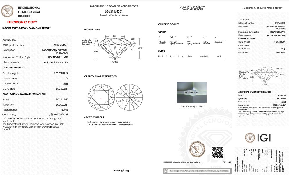 Diamant cultivé en laboratoire, taille ronde, certifié IGI, 2,03 ct, clarté VS2, couleur D