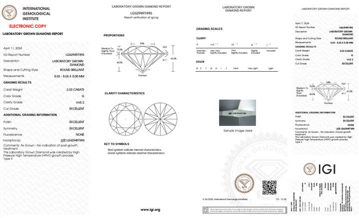 Diamant cultivé en laboratoire, taille ronde, certifié IGI, 2,03 ct, clarté VVS2, couleur G