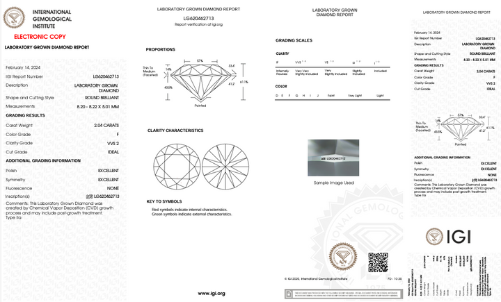 Diamant cultivé en laboratoire de taille ronde de 2,04 ct certifié IGI - Clarté VVS2, couleur F 