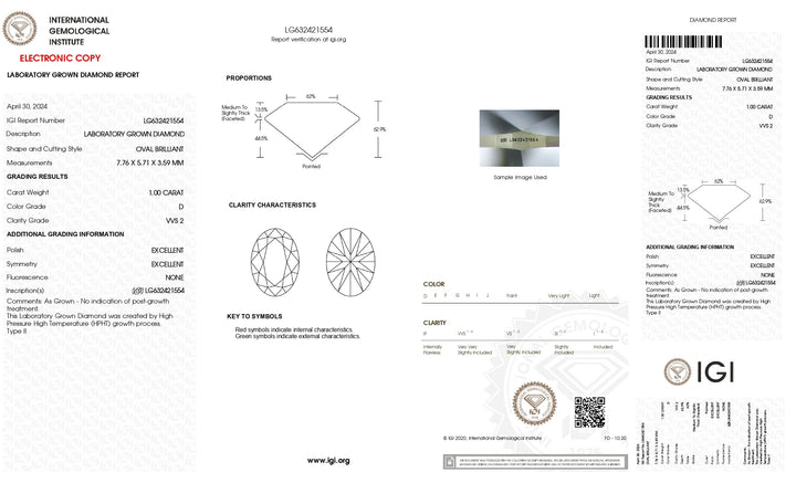 IGI Certified 1.00 CT Oval Lab-Grown Diamond - D Color, VVS2 Clarity