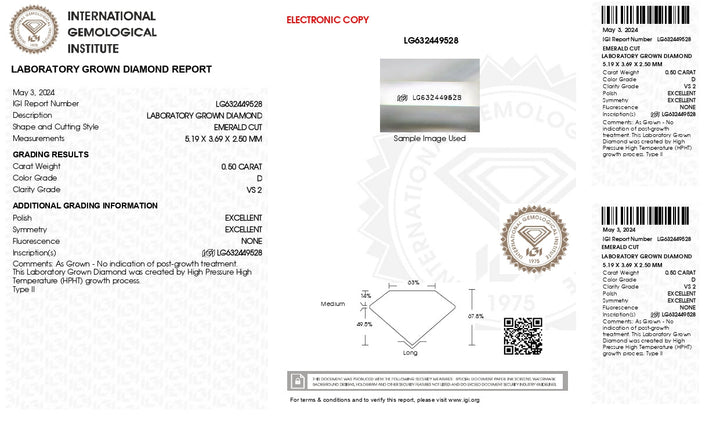 Diamante cultivado en laboratorio de talla esmeralda de 0,50 quilates con certificación IGI: claridad VS2, color D