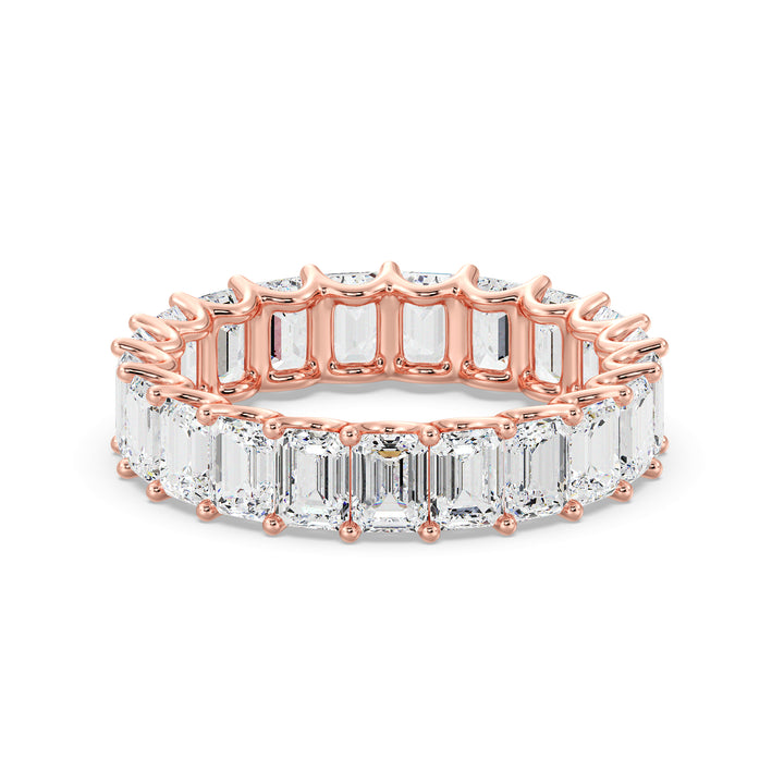 Lab-Grown Emerald-Cut Diamond Scallop Eternity Band in 18K Rose Gold, featuring 21 EF/VS lab-grown diamonds in a shared prong setting with a scalloped profile