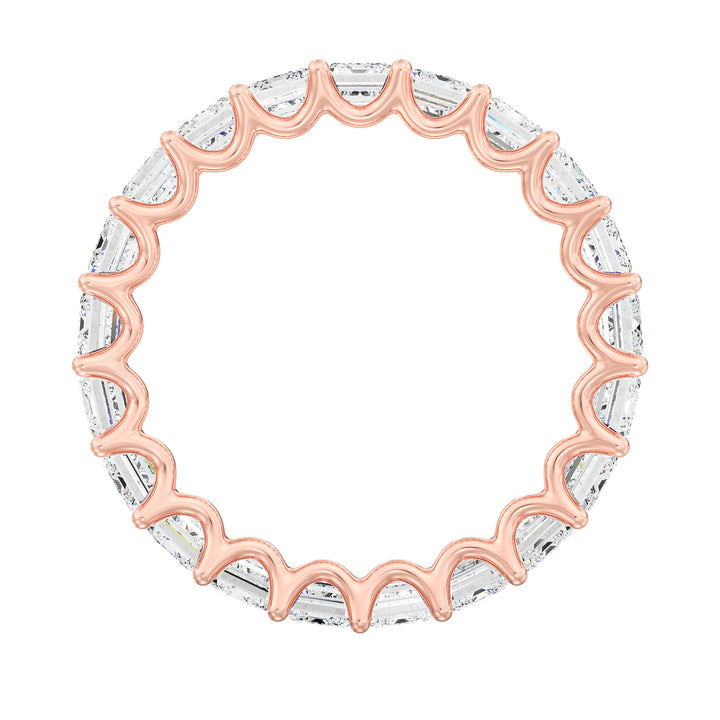 Lab-Grown Emerald-Cut Diamond Scallop Eternity Band in 18K Rose Gold, featuring 21 EF/VS lab-grown diamonds in a shared prong setting with a scalloped profile