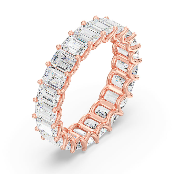 Lab-Grown Emerald-Cut Diamond Scallop Eternity Band in 18K Rose Gold, featuring 21 EF/VS lab-grown diamonds in a shared prong setting with a scalloped profile