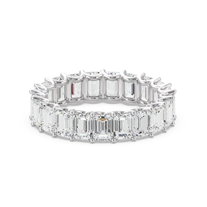 Lab-Grown Emerald-Cut Diamond Scallop Eternity Band in 18K White Gold, adorned with 21 EF/VS lab-grown diamonds in a shared prong scalloped setting for maximum sparkle