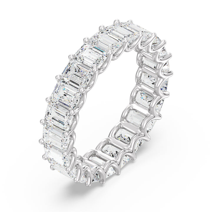 Lab-Grown Emerald-Cut Diamond Scallop Eternity Band in 18K White Gold, adorned with 21 EF/VS lab-grown diamonds in a shared prong scalloped setting for maximum sparkle