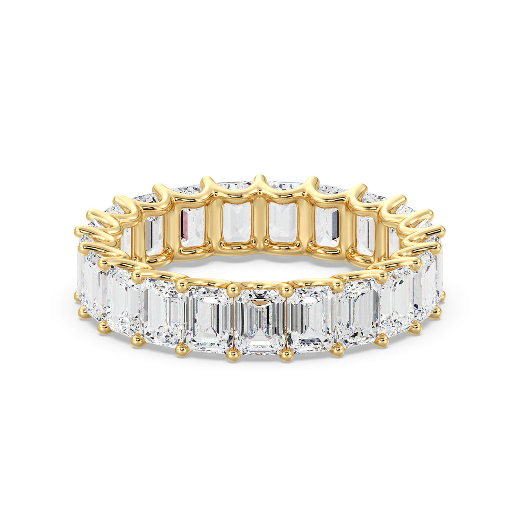 Lab-Grown Emerald-Cut Diamond Scallop Eternity Band in 18K Yellow Gold, showcasing 21 EF/VS lab-grown diamonds in a scallop prong setting with a timeless design