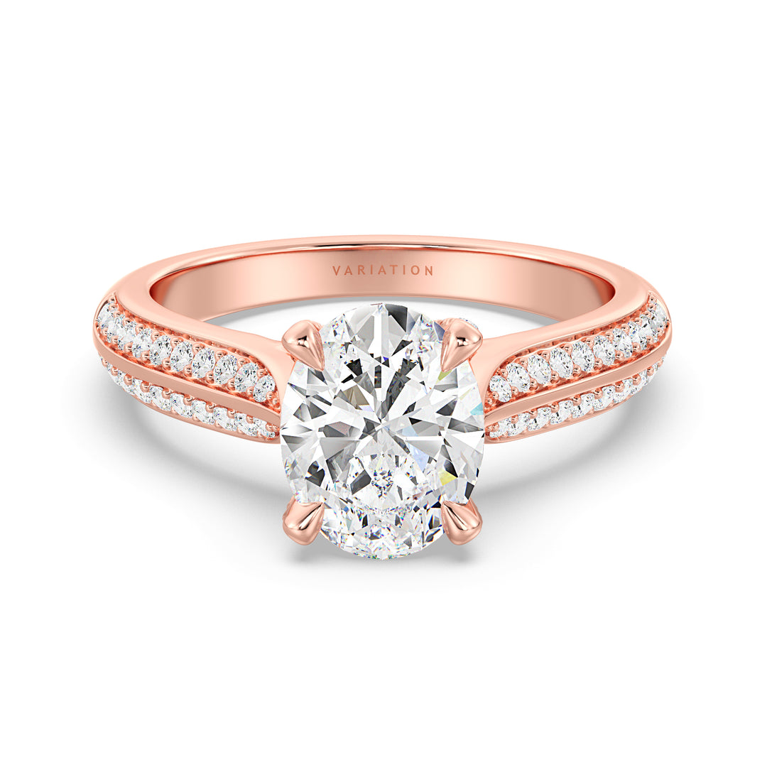 Oval Cut Lab-Grown Diamond Engagement Ring with Pavé Band in 18K Rose Gold, showcasing a brilliant Oval center stone in a 4-claw setting and 72 round side diamonds