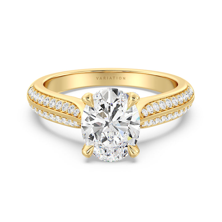 Oval Cut Lab-Grown Diamond Engagement Ring with Pavé Band in 18K Yellow Gold, featuring a striking Oval center stone in a 4-claw setting and 72 round side diamonds