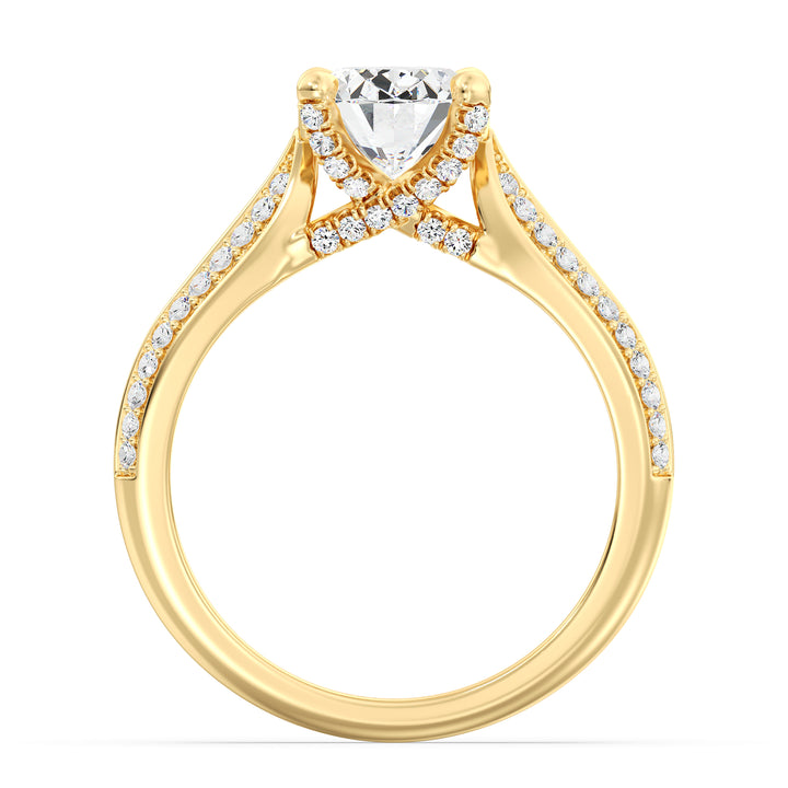 Oval Cut Lab-Grown Diamond Engagement Ring with Pavé Band in 18K Yellow Gold, featuring a striking Oval center stone in a 4-claw setting and 72 round side diamonds