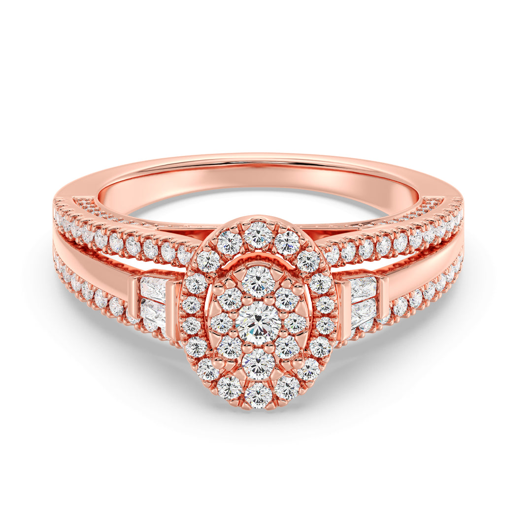 Oval halo split shank engagement ring with 1.29CTTW EF-VS lab-grown diamonds, set in 18K rose gold