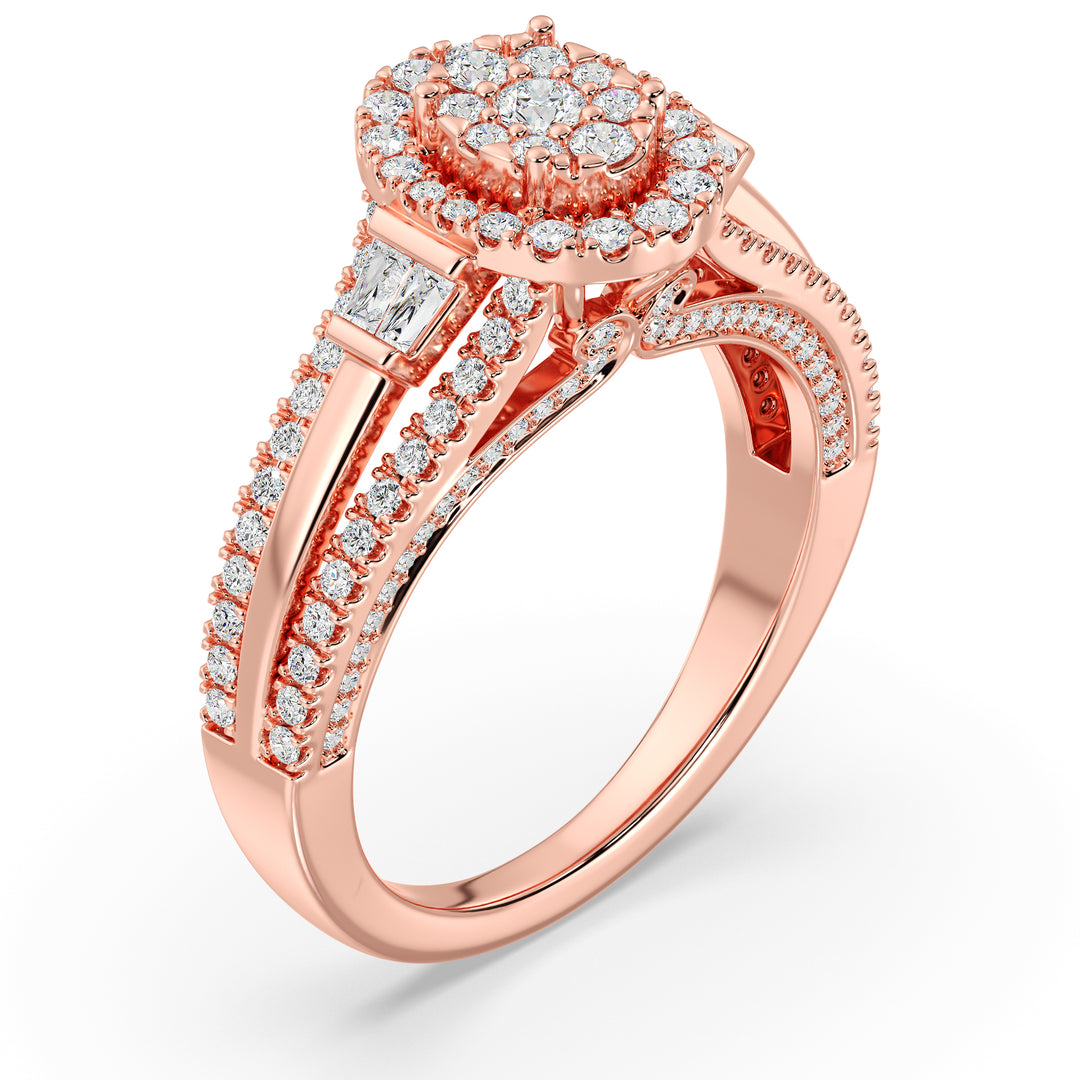 Oval halo split shank engagement ring with 1.29CTTW EF-VS lab-grown diamonds, set in 18K rose gold