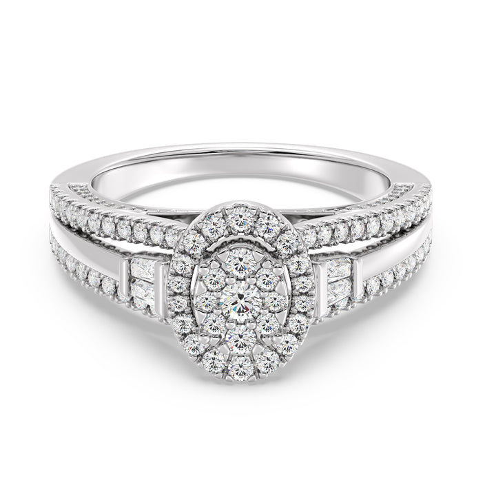 Oval halo split shank engagement ring with 1.29CTTW EF-VS lab-grown diamonds, set in 18K white gold