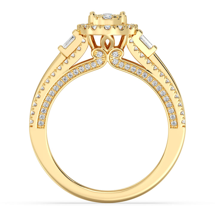 Oval halo split shank engagement ring with 1.29CTTW EF-VS lab-grown diamonds, set in 18K yellow gold.