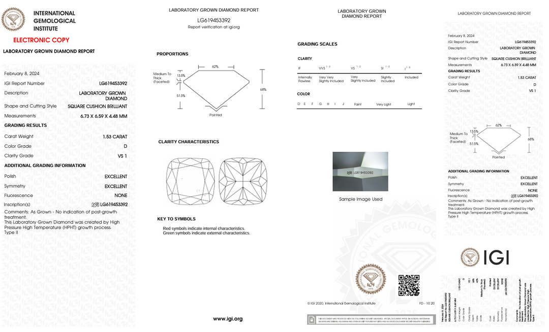 Diamante cultivado en laboratorio de talla brillante con forma de cojín, color D, VS1, de 1,53 quilates, con certificación IGI