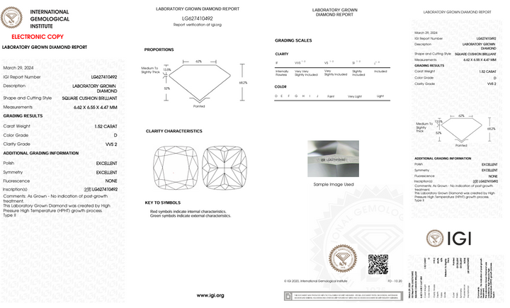 Diamante cultivado en laboratorio de talla brillante con forma de cojín, color D, VVS2, de 1,52 quilates, con certificación IGI