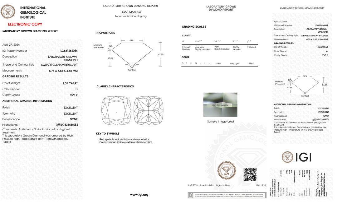 Diamante cultivado en laboratorio de talla brillante con forma de cojín, color D, VVS2, de 1,55 quilates, con certificación IGI