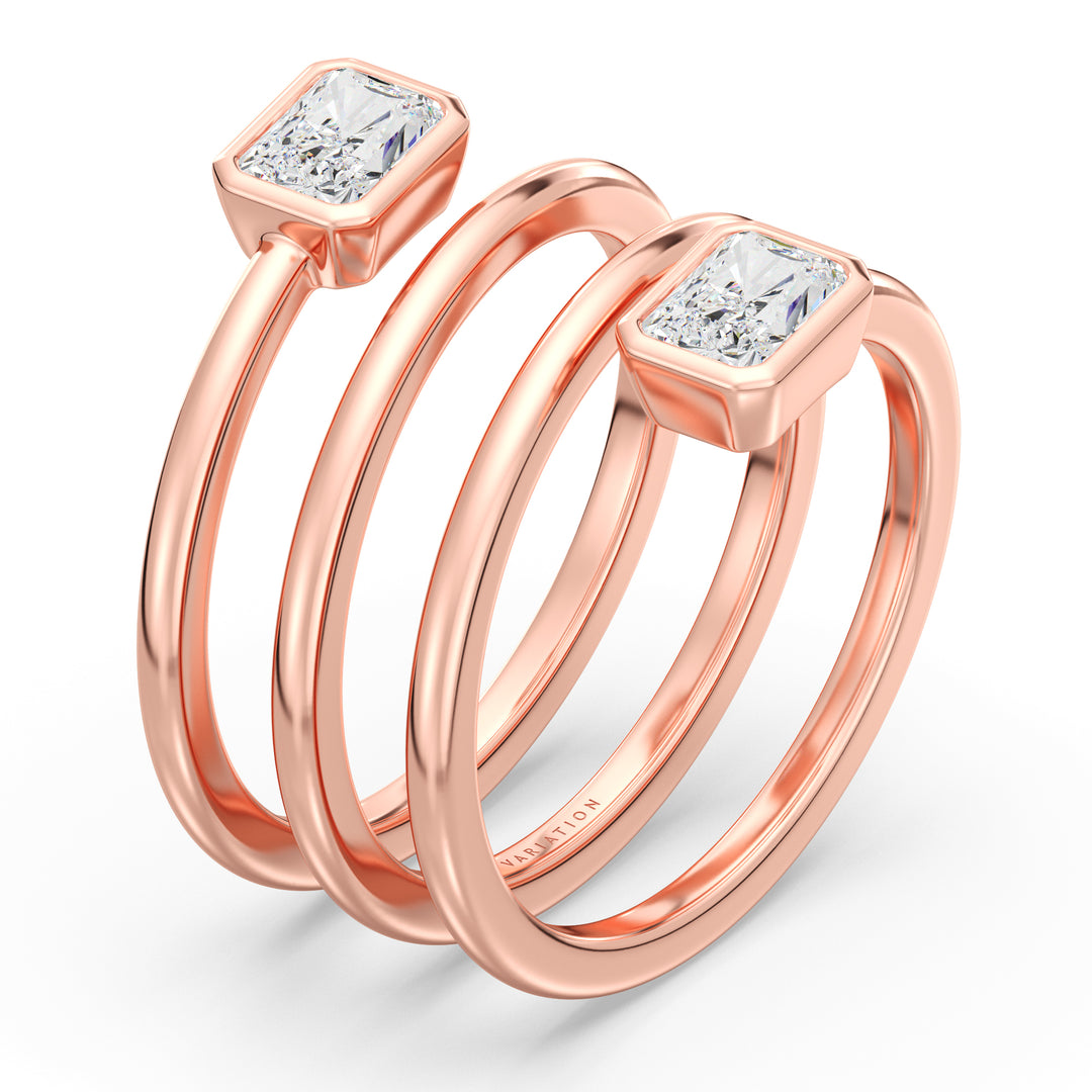 Radiant-Cut Dual Stone Lab-Grown Diamond Spiral Statement Ring in Rose Gold with 18K Bezel Setting